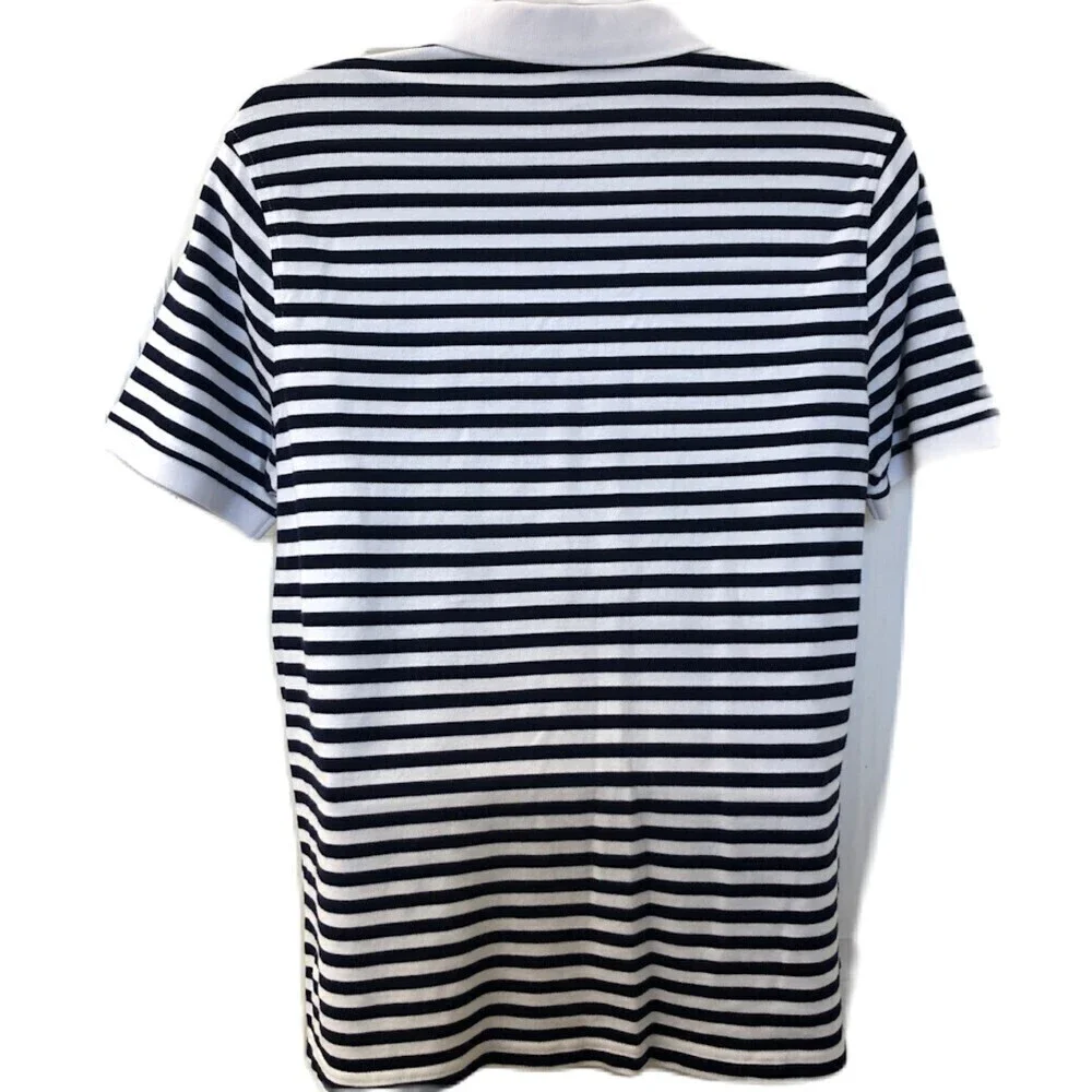 J Crew Authentic Men's Navy Blue Striped Polo Shirt Large Stretch Pique Knit